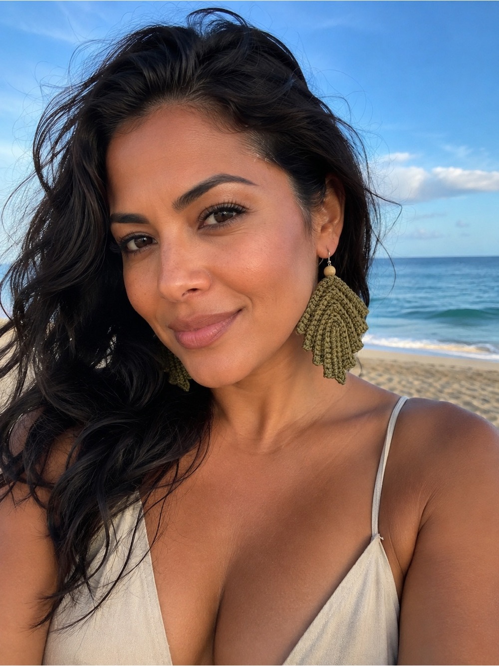 Handmade Olive Green Crochet Fan Drop Earrings